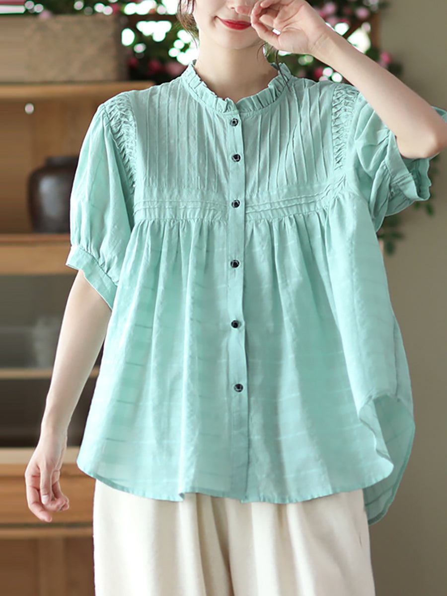 Women Artsy Shirred Stripe Cotton Agaric-Lace Shirt OP1006 BUYKUD