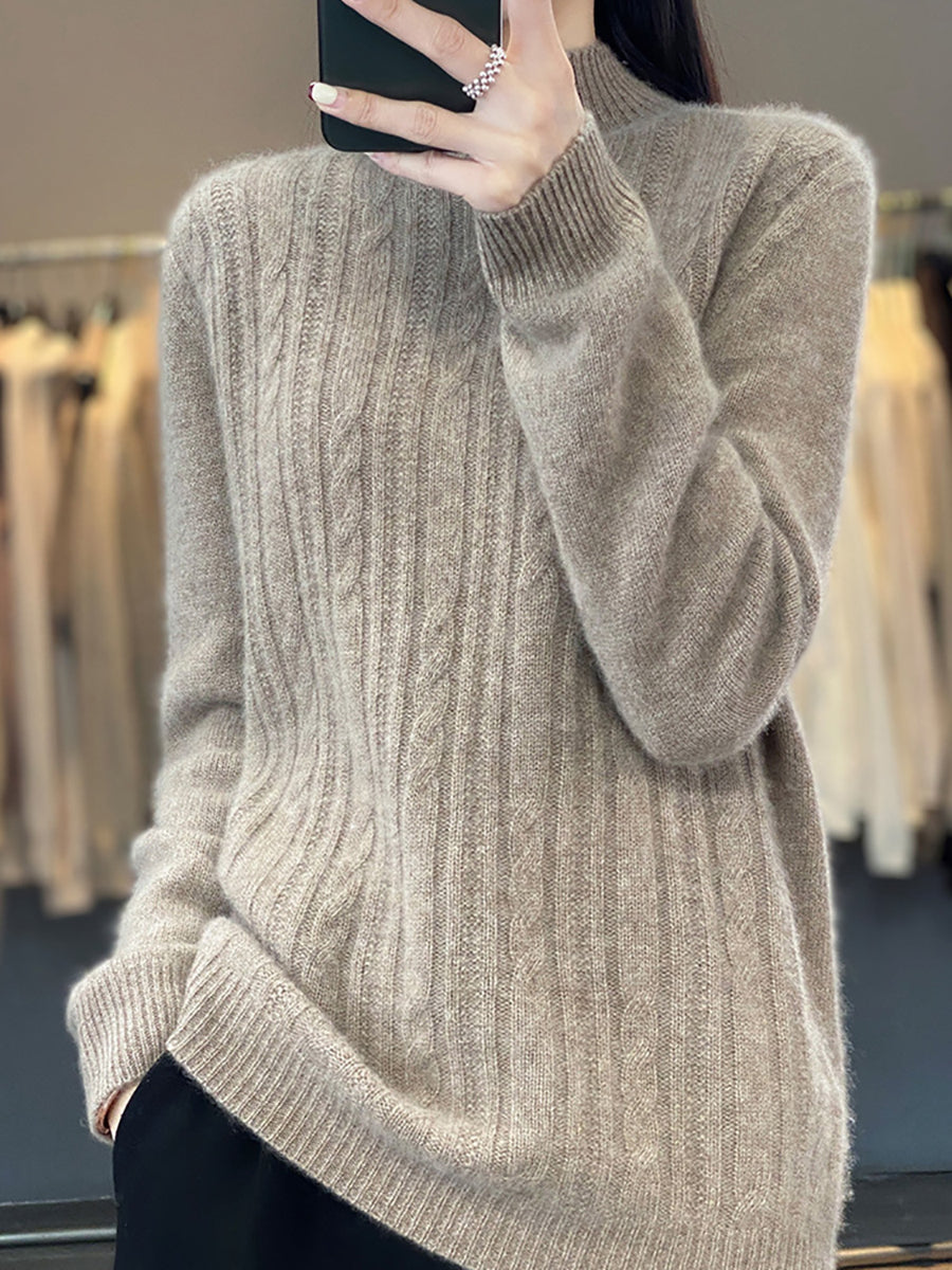 Women Autumn Solid Cable Knit 100%Wool Half Turtleneck Sweater QN027 BK