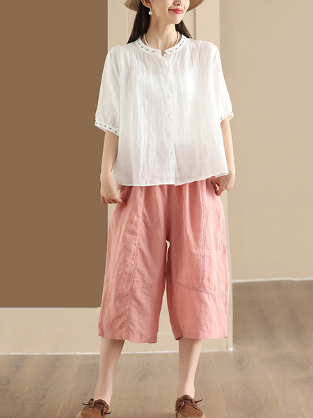 Women Summer O-Neck Embroidery Button-up Ramie Shirt PP1035 BUYKUD