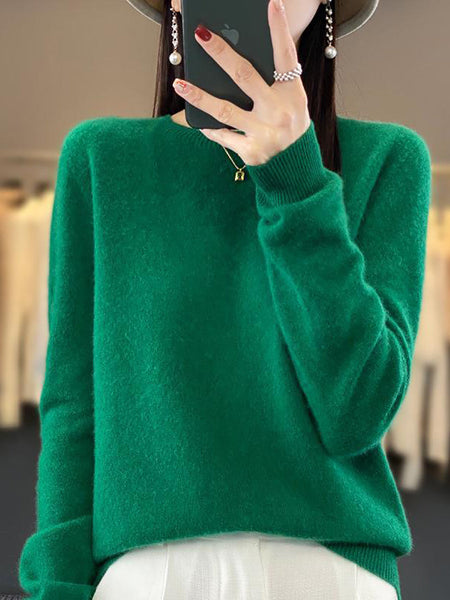 Women Autumn Solid Knit 100%Wool O-Neck Sweater WU023 BK