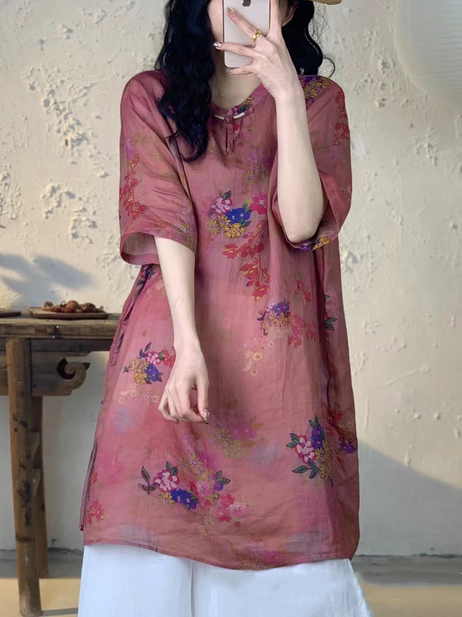 Women Summer Vintage Flower Long Ramie Shirt PA1013 Ada Fashion