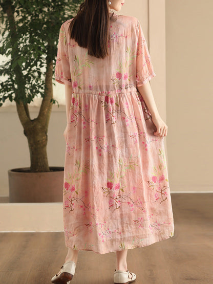 Women Summer Vintage Floral Strap Ramie Dress CX008 ZMMM