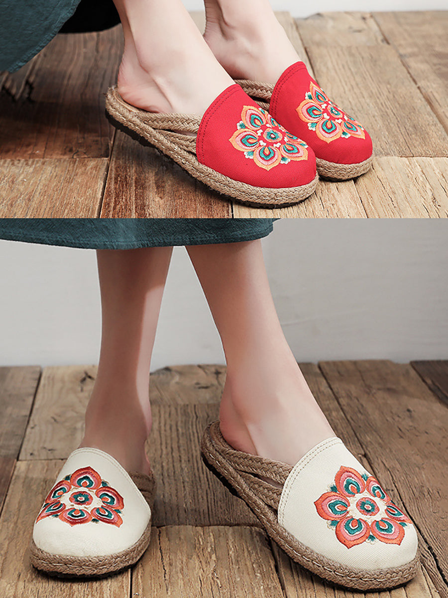 Women Summer Ethnic Flower Embroidert Straw Slippers II1017 TCXY