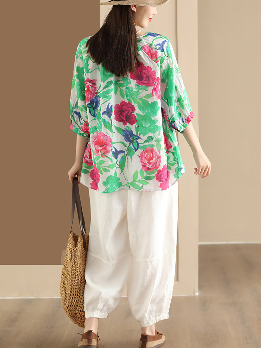 Women Summer Flower V-Neck Ramie Loose Shirt OO1035 ZMMM