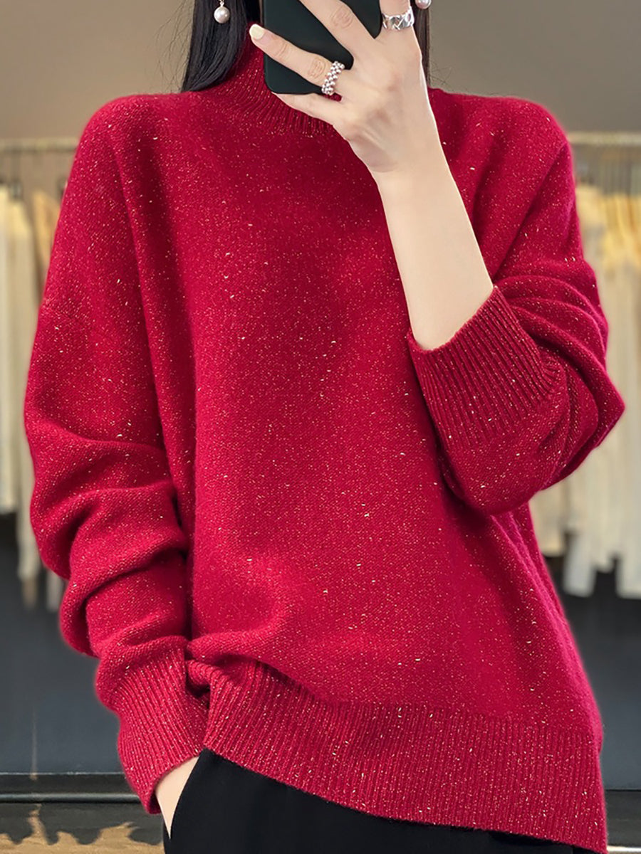 Women Autumn Knit 100%Wool Half-Turtleneck Sweater WU009 BK
