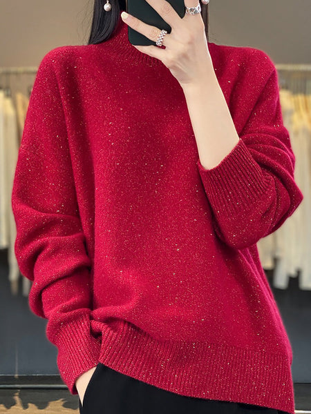 Women Autumn Knit 100%Wool Half-Turtleneck Sweater WU009 BK