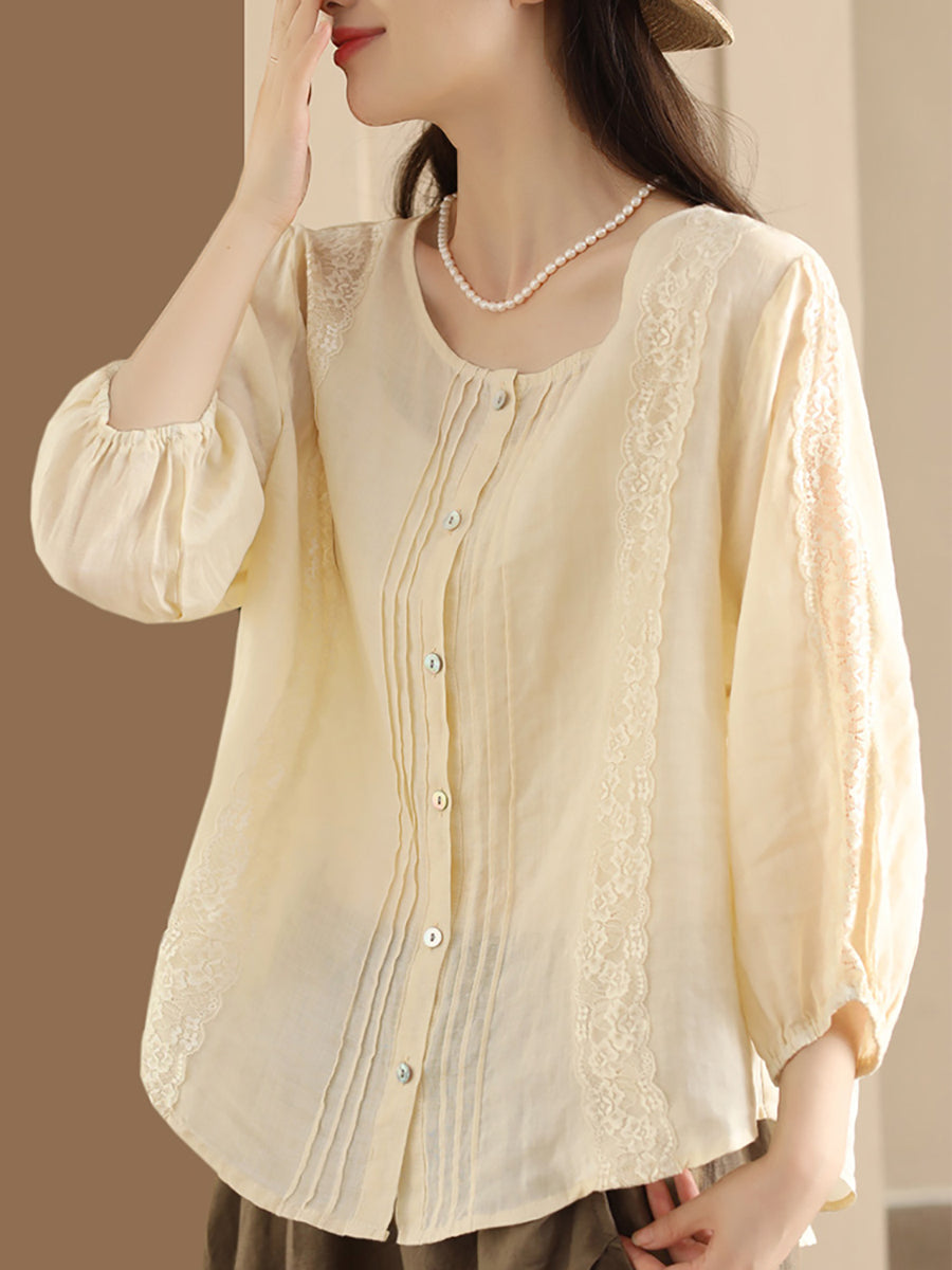 Women Summer Artsy Lace Spliced Ramie Button-Up Shirt II1020 GLL