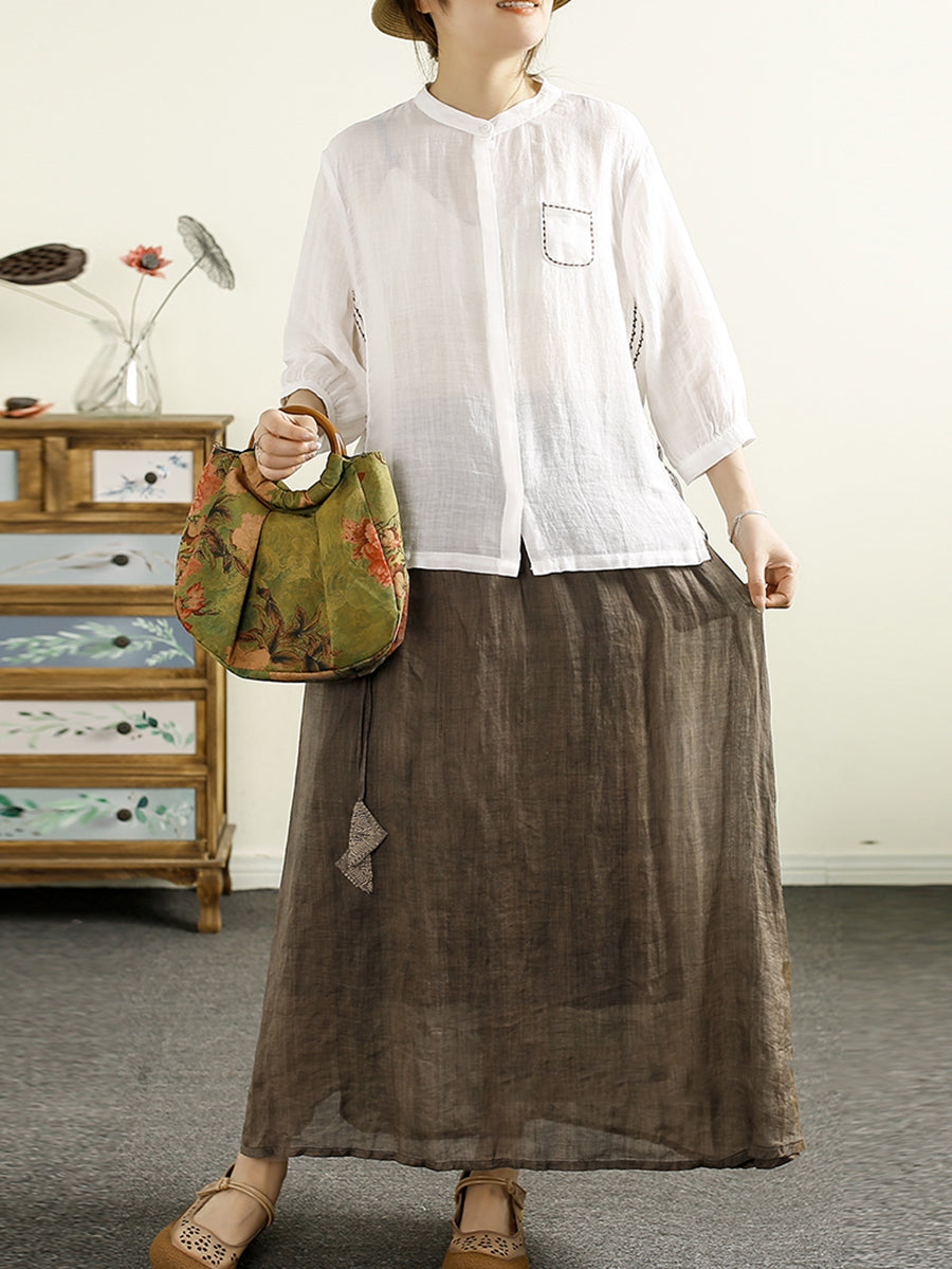 Women Summer Vintage Solid Dual-side Ramie Skirt PP1044 BUYKUD