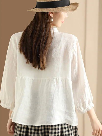 Women Retro Solid Spring Pullover Linen Shirt KL1030 Ada Fashion