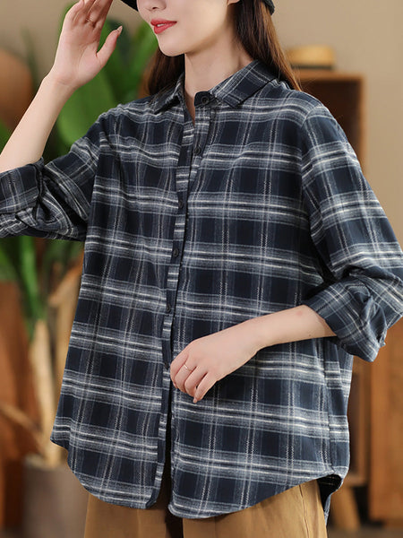 Women Autumn Vintage Plaid Button-up Cotton Blouse AI1031 ZMMM