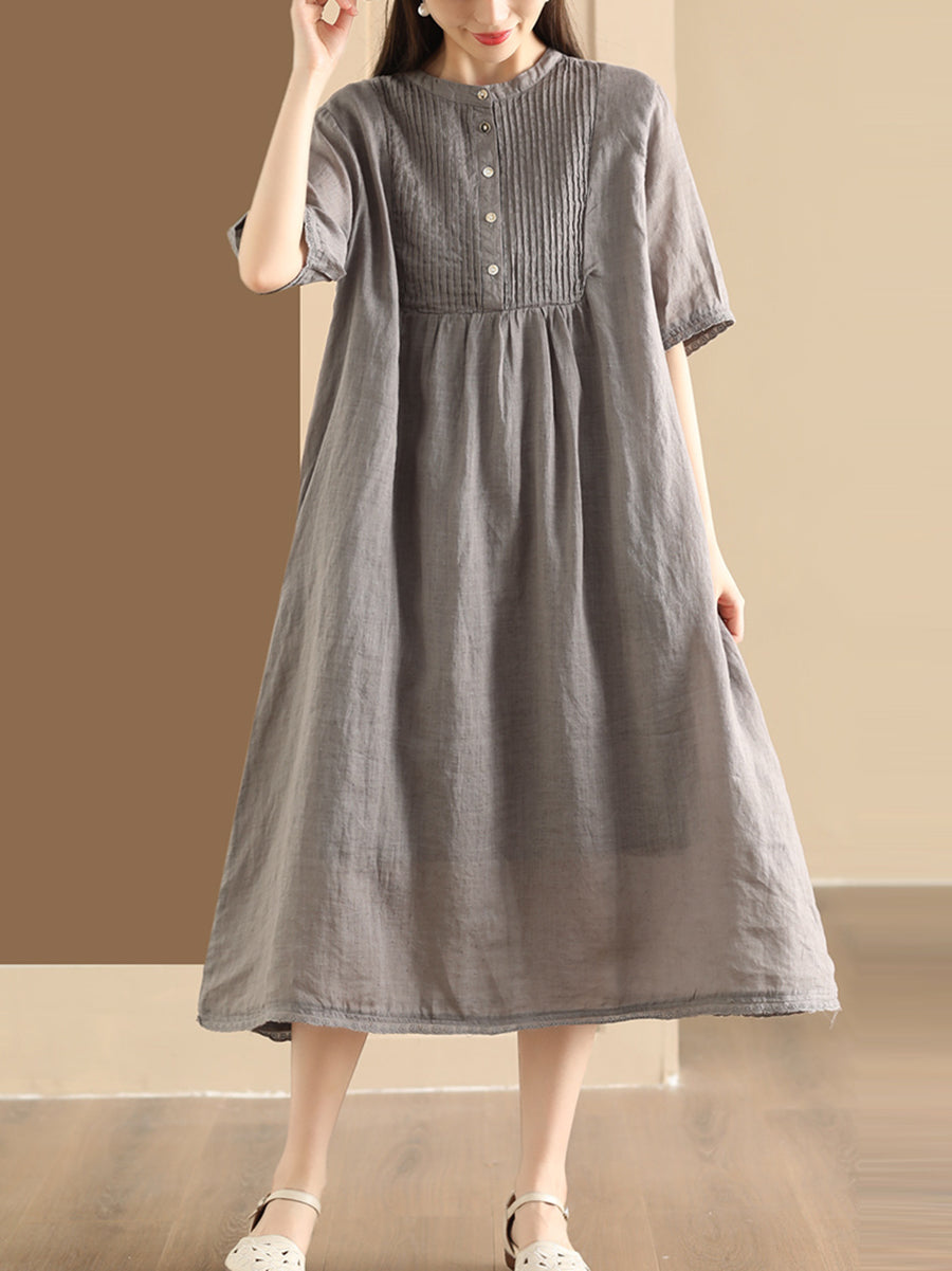 Women Summer Casual Solid Shirred Button Linen Dress HH019 LN