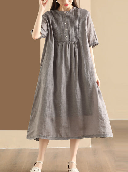 Women Summer Casual Solid Shirred Button Linen Dress HH019 LN