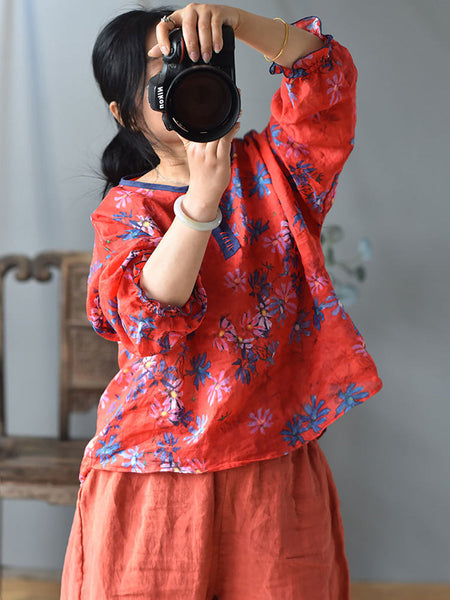 Women Ethnic Spring Flower Print V-Neck Shirt LL060 QYMM