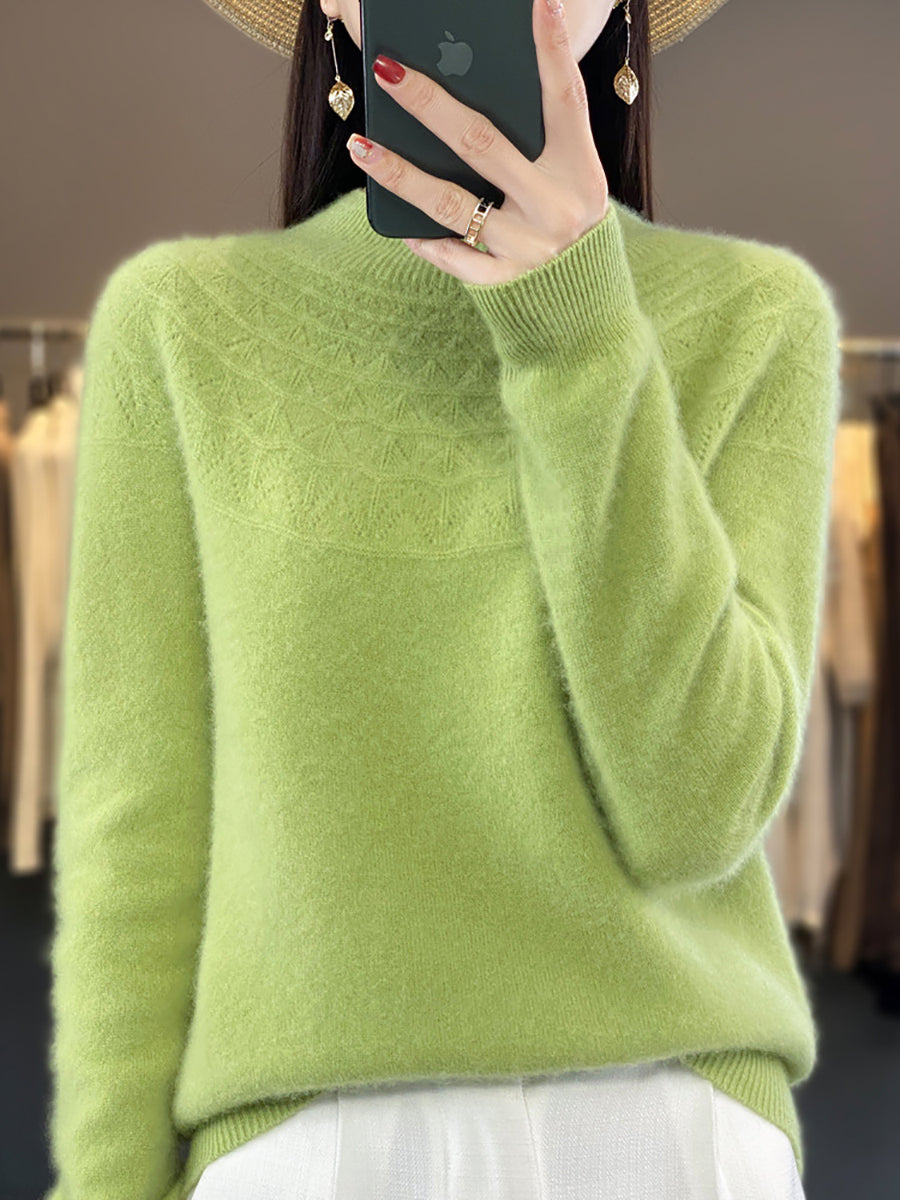 Women Autumn Solid Cable Knit 100%Wool Half Turtleneck Sweater QN017 BK