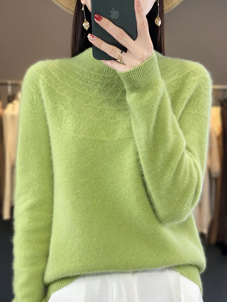 Women Autumn Solid Cable Knit 100%Wool Half Turtleneck Sweater QN017 BK