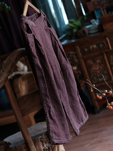 Women Summer Retro Solid Linen Wide-leg Pants XX1054 Ada Fashion