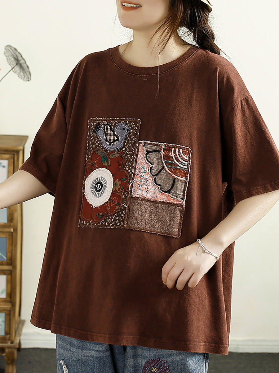 Women Summer Vintage Patch Spliced O-Neck Cotton Shirt HH039 ZMMM