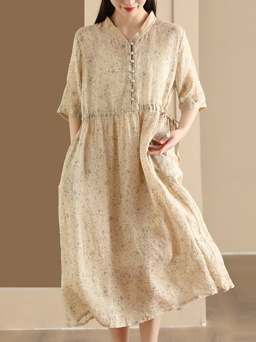 Women Summer Flower Stand Collar Ramie Dress OO1046 LPP