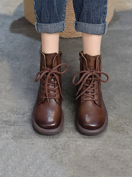 Women Genuine Leather Soft Zipper Mid Heel Martin Boots QU022 TZTJ