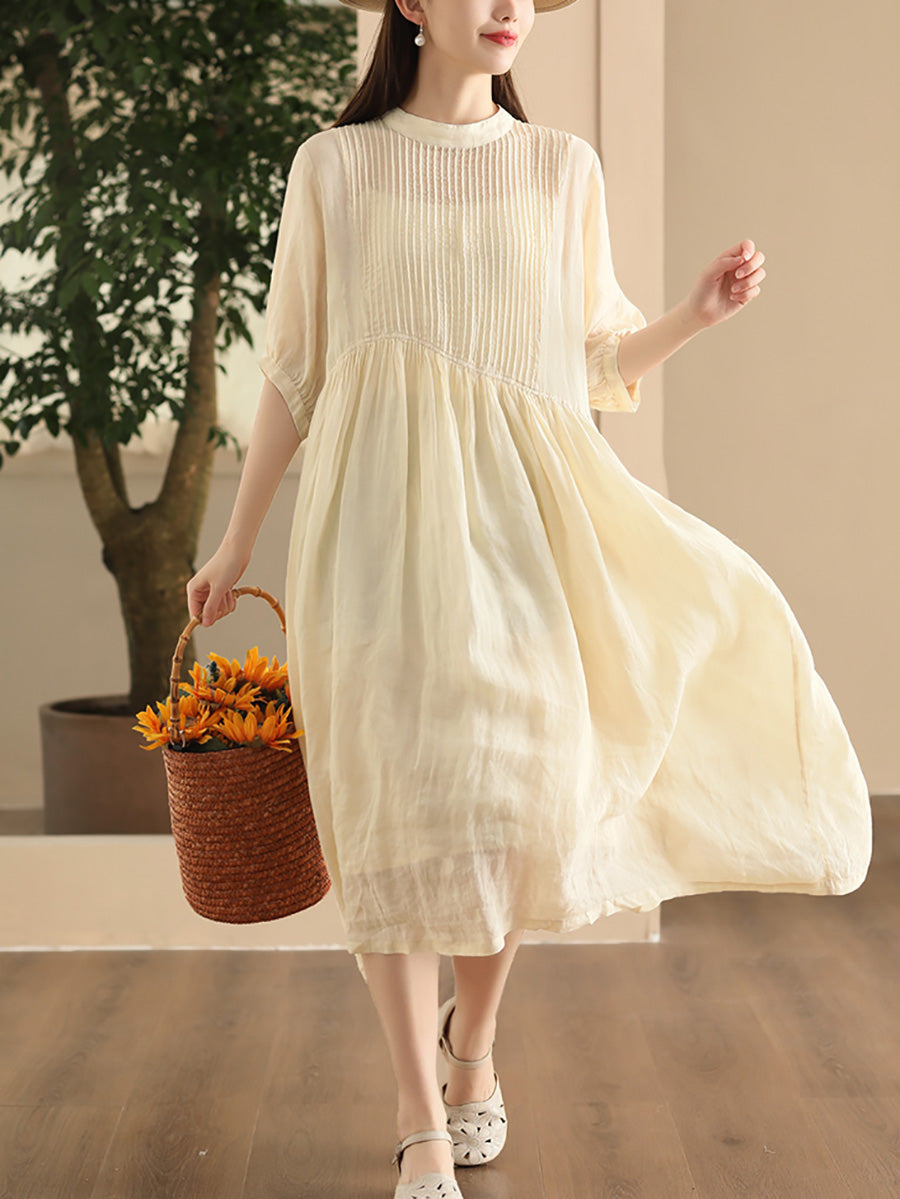 Women Summer Artsy Shirred Solid Ramie Dress CX003 BUYKUD