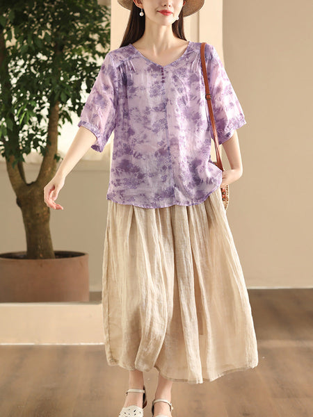 Women Summer Artsy Flower V-Neck Thin Ramie Shirt FD004 BUYKUD
