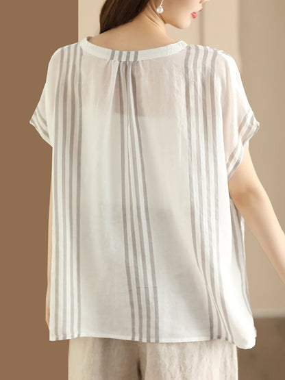 Women Summer Artsy Stripe V-Neck Thin Linen Shirt CV1053 Ada Fashion