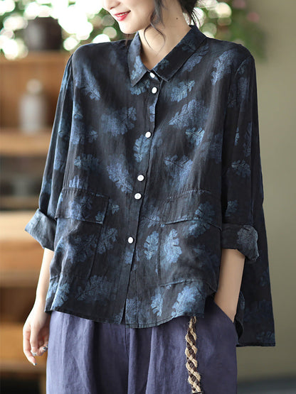 Women Vintage Floral Spring Button Up Ramie Blouse AT1089 BUYKUD