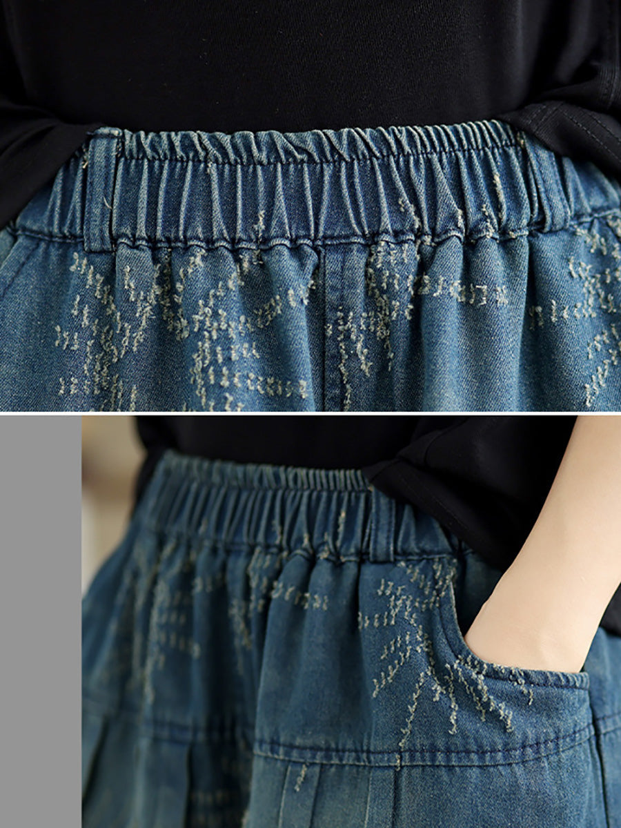 Women Summer Retro Star Jacquard Denim Fifth Pants CC012 ZMFS