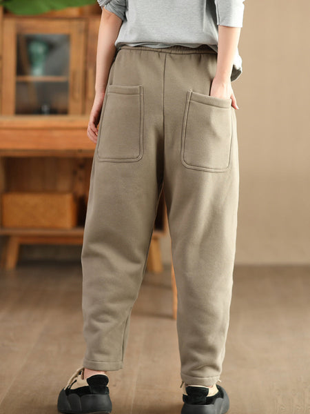 Women Autumn Vintage Cotton Fleece-lined Harem Pants WG014 BK