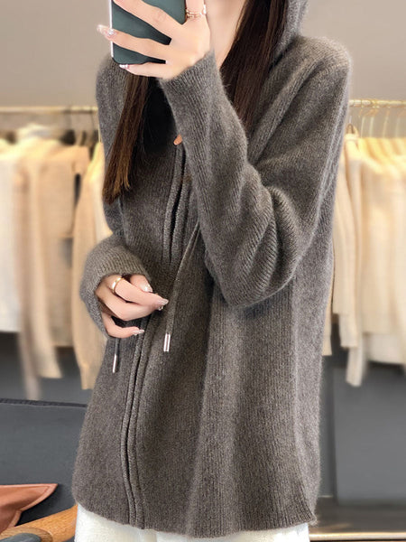 Women Autumn Casual 100%Wool Hooded Cardigan Sweater BA1059 Genistyle Shop
