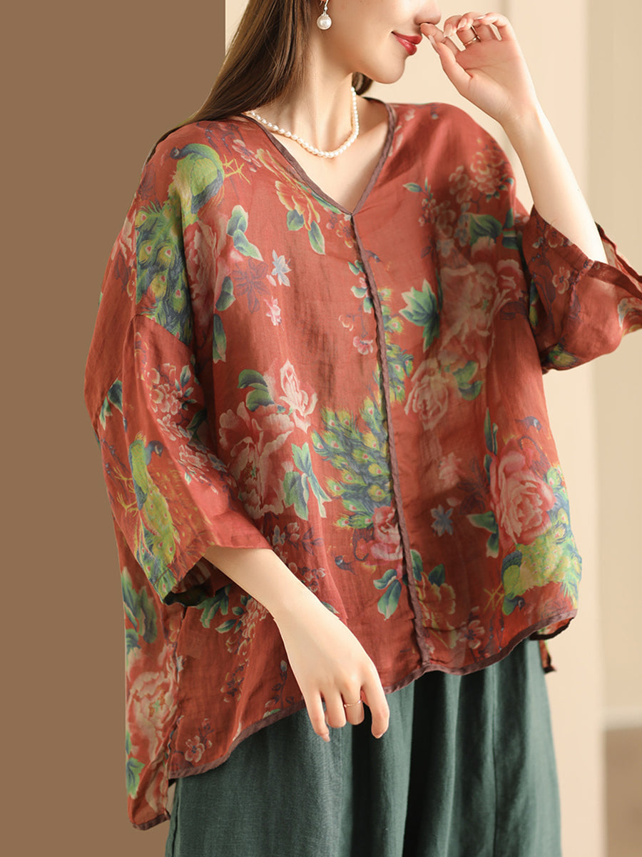 Women Vintage Floral V-Neck Linen Summer Shirt XX1014 Ada Fashion