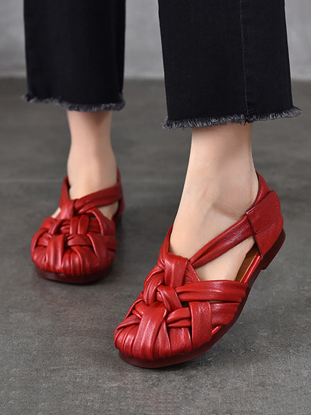 Summer Leather Flat Retro Women Weave Genuine Shoes FashionChic