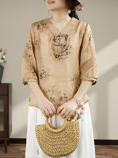 Women Summer Vintage Flower Buckle V-Neck Ramie Shirt HH014 BUYKUD