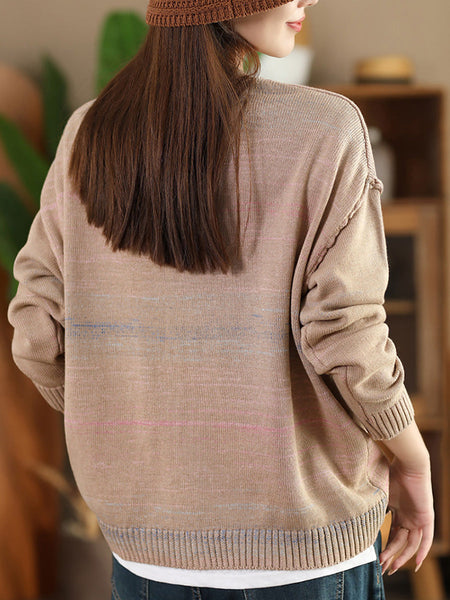 Women Autumn Artsy Colorful Knit V-Neck Cardigan Sweater AI1077 BUYKUD