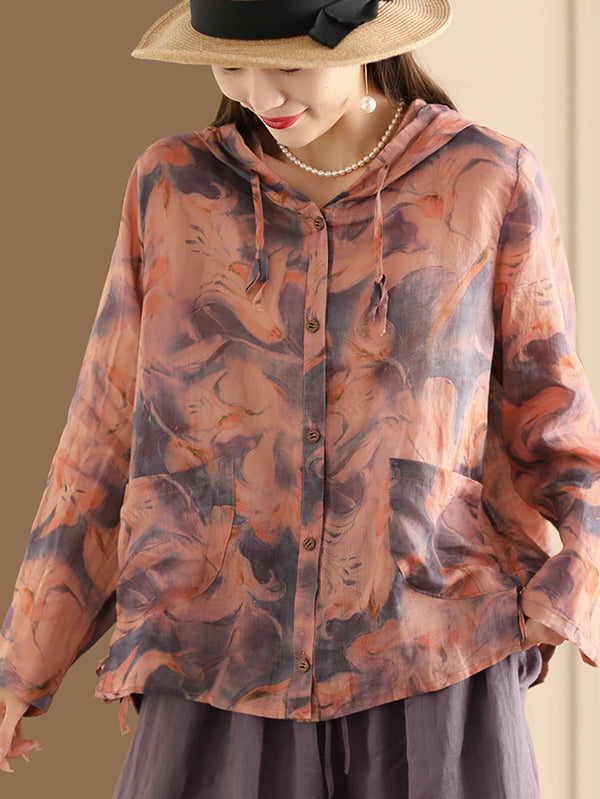 Women Spring Artsy Flower Button-Up Hooded Shirt CO1004 Ada Fashion