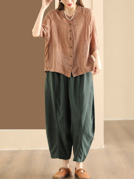 Women Summer Retro Solid Linen Button-up Shirt XX1012 Ada Fashion