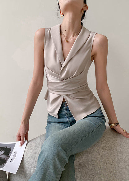 French Versatile Champagne Wrinkled Slim Fit Top Sleeveless EE062 shopify