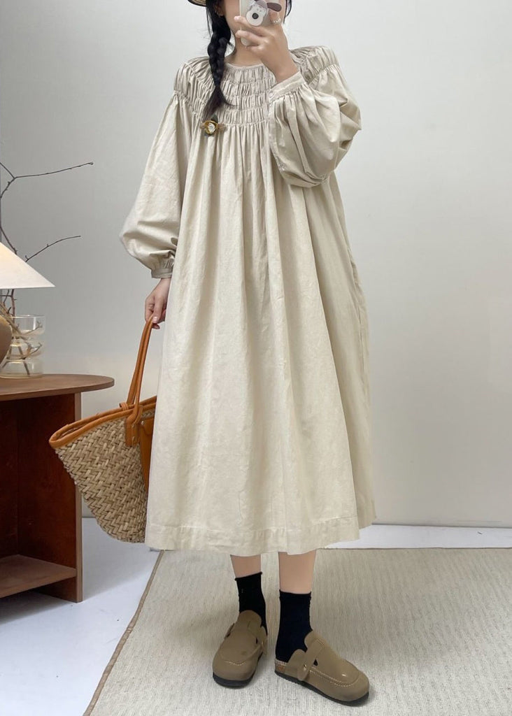 Beige Solid Cotton Dresses Lace Up Long Sleeve NN044 shopify