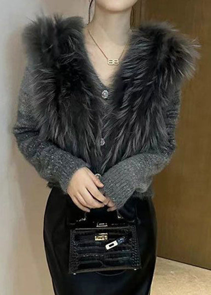 Art Grey V Neck Fur Collar Cotton Knit Sweater Winter WV027 ABC
