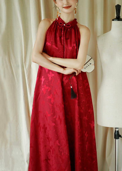 Cotton Sleeveless Jacquard Bow Maxi Red Loose Dresses FashionChic