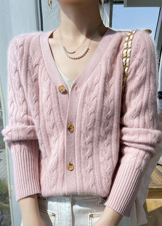 Italian Pink V Neck Solid Cable Wool Knit Cardigans Fall QP015 OL-NCT241001