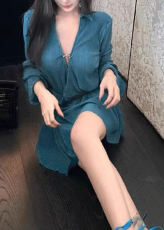 Slim Fit Blue V Neck Sashes Party Mid Dress Long Sleeve AN1014 Genistyle Shop