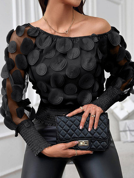 Chic Black Dot Round-Neck See-Through Puff Sleeve Tulle Blouse TT1036 shopify