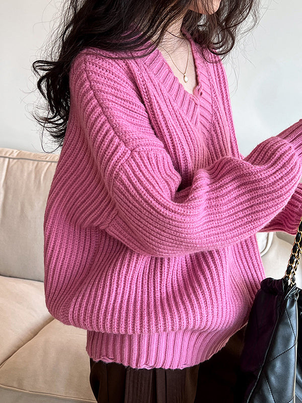 Urban Fuchsia V-Neck Long Sleeve Knit Sweater AN1046 Genistyle Shop