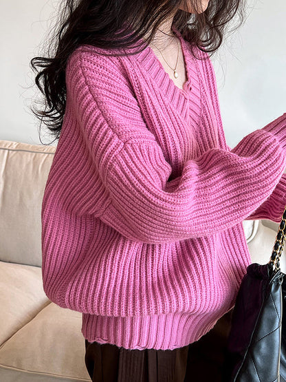 Urban Fuchsia V-Neck Long Sleeve Knit Sweater AN1046 Genistyle Shop