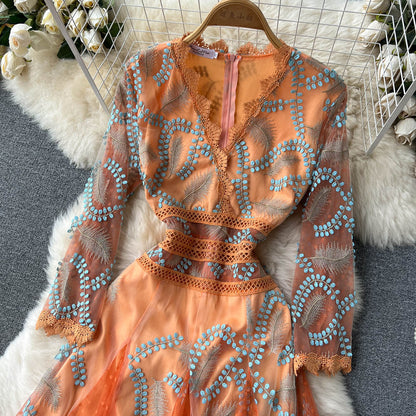 Italian Orange V-Neck Embroidery Tulle Long Sleeve Dress AR1005 shopify