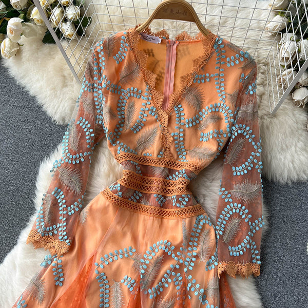 Italian Orange V-Neck Embroidery Tulle Long Sleeve Dress AR1005 shopify
