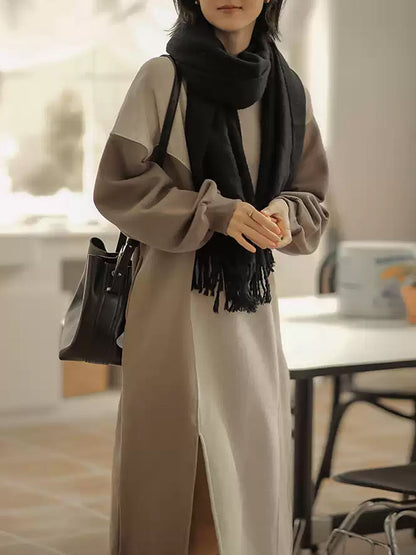 Women Winter Artsy Colorblock Loose Knit Sweater Dress QM016 BK