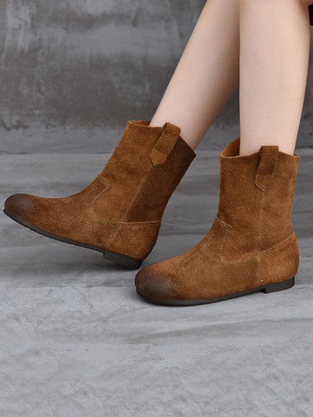 Spliced Low Boots Vintage Women Genuine Leather Heel FashionChic