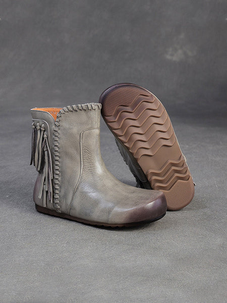 Autumn Leather Tassel Ankle Boots Women Vintage FashionChic